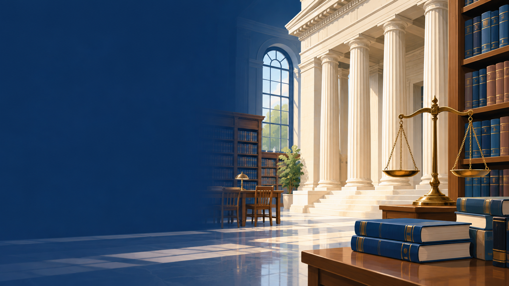 Illustration of a Missouri public law library with courthouse columns, books, and balanced scales
